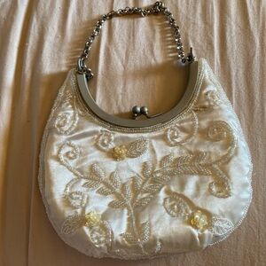 Hillard & Hanson Sequined White Satin Evening Purse
Silver Tone Chain